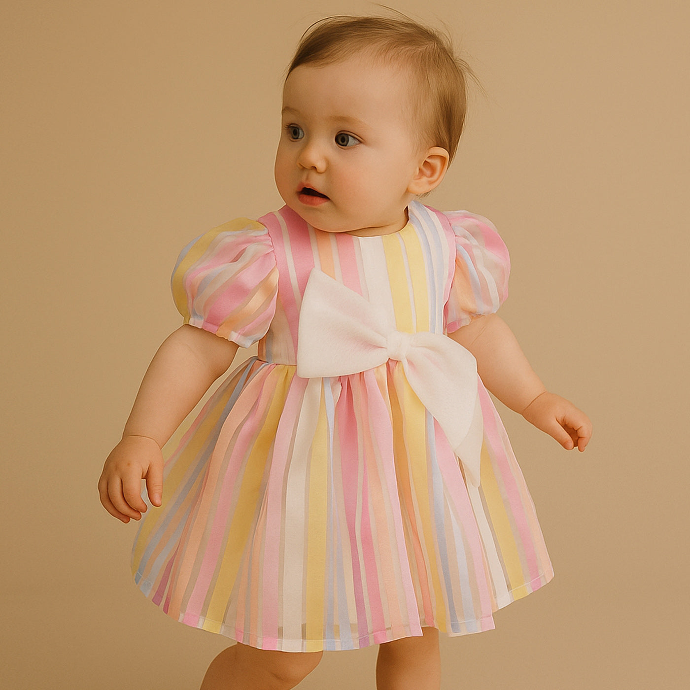 baby wearing stripy dress