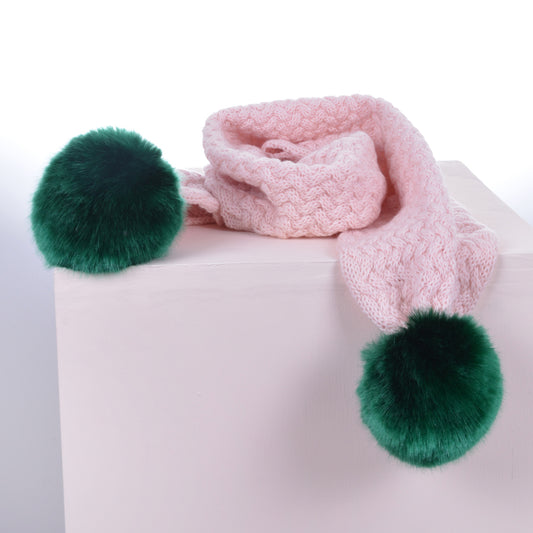 Girl's Chunky Pom Pom Scarf in Blush and Emerald