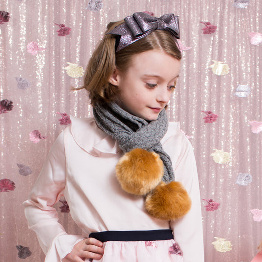Girl's Chunky Pom Pom Scarf in Heather Grey and Toffee