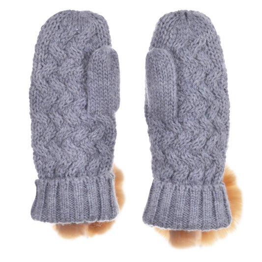 Girl's Chunky Pom Pom Mittens in Heather Grey and Toffee
