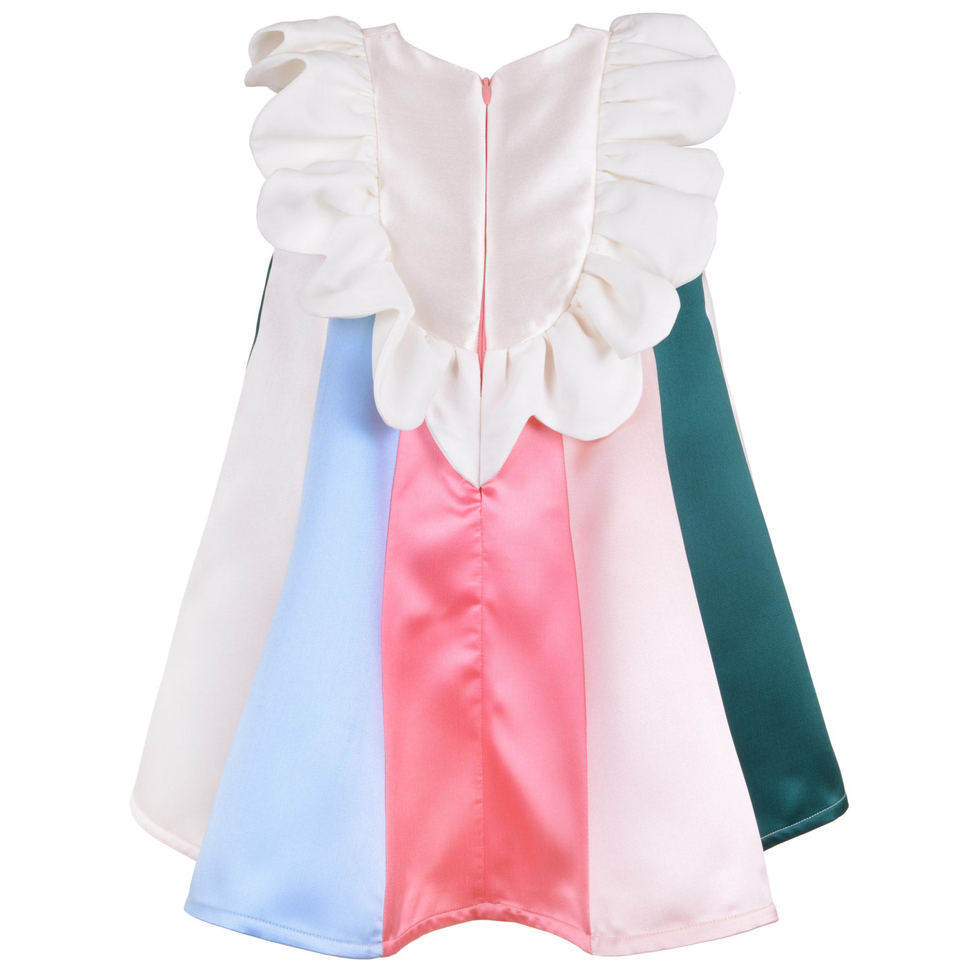 Rainbow dress with white ruffle bib and puff sleeves; blue, pink, teal front panels