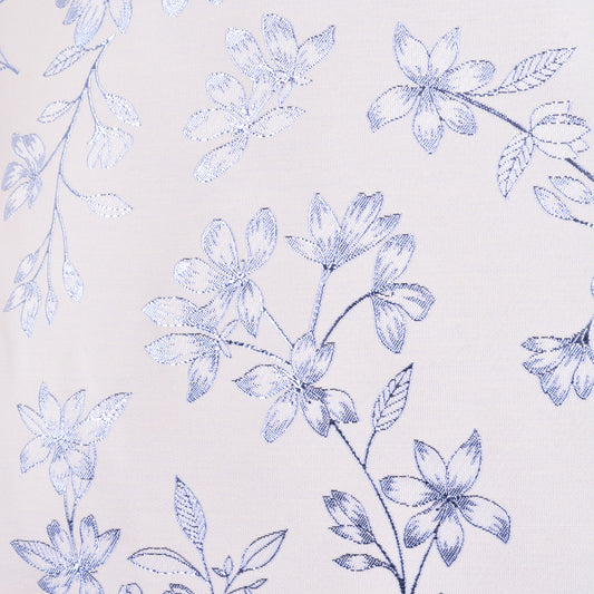 Cream shift dress fabric with blue floral pattern