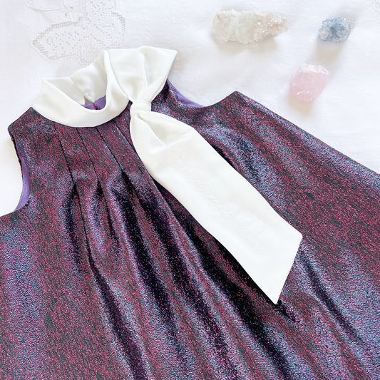 Sunburst trapeze dress with long sleeves, dark purple multicolor speckle, flared skirt