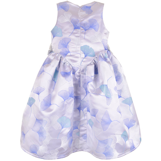 Sleeveless gathered-hip midi dress with full skirt, blue floral pattern, waist bow detail
