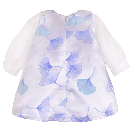 White long-sleeve shift dress with blue ginkgo leaf print, front button placket