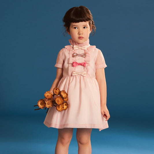Girl's Multi Bow Bodice Dress in Petal Pink