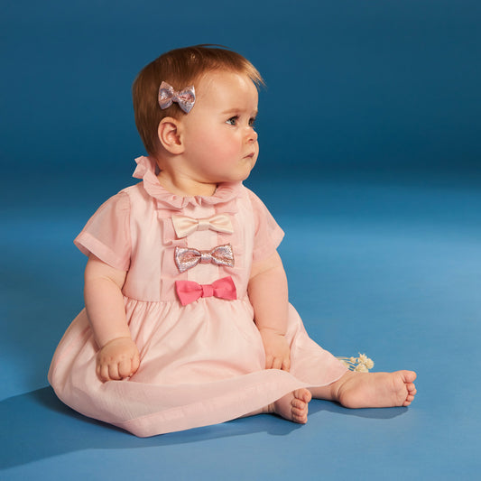 Baby's Multi Bow Bodice Dress & Bloomers in Petal Pink