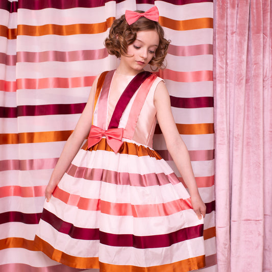 Girl's Draped Front Bodice Dress in Rust, Cherry and Coral