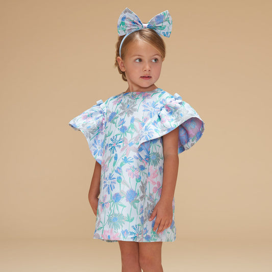 Girl's Ruffle Sleeve Shift Dress in Mint and Cerulean