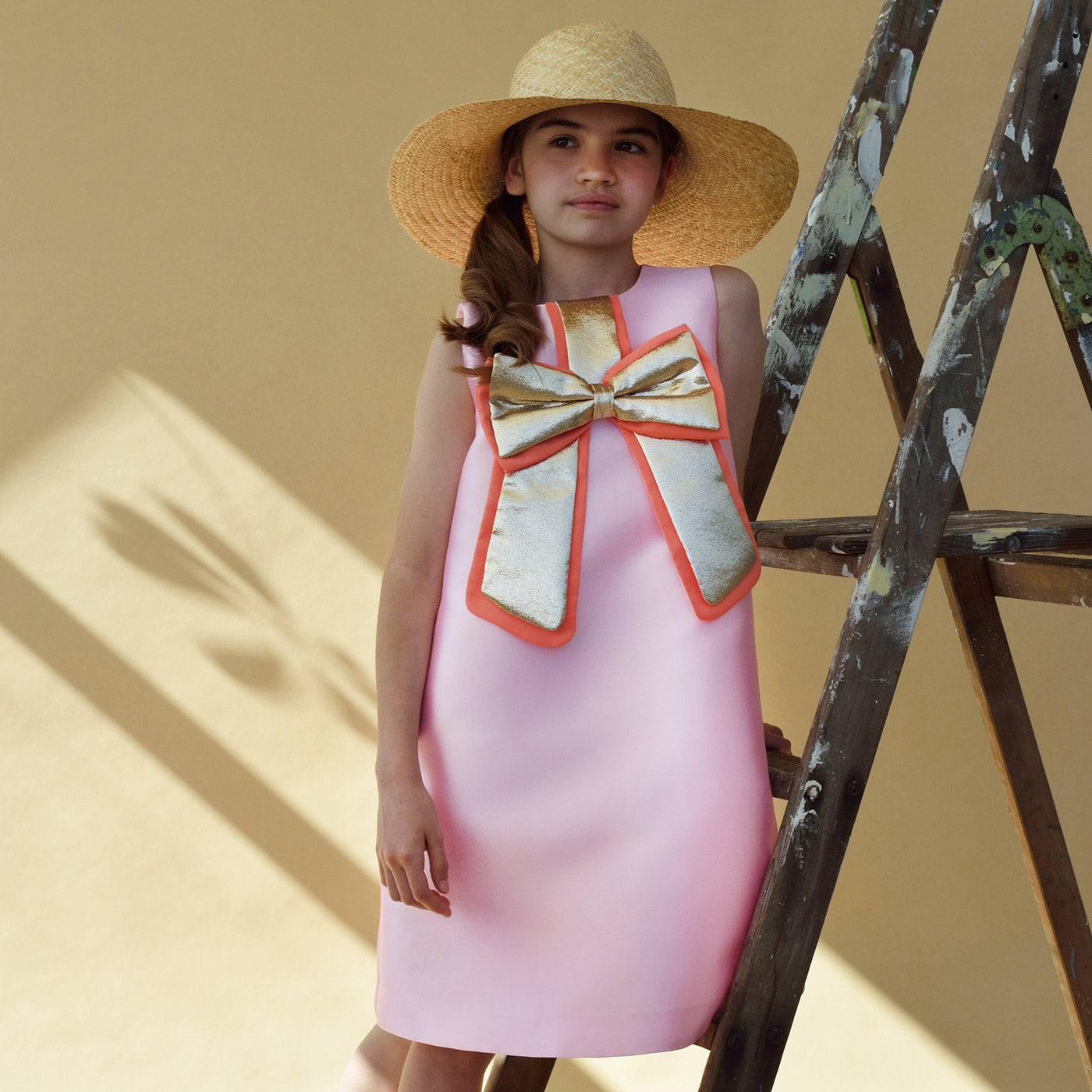 Girl's Guilded Bow Shift Dress in Sugared Almond