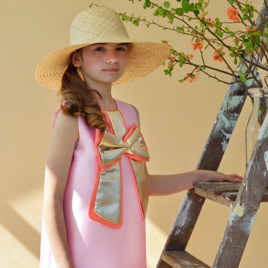 Girl's Guilded Bow Shift Dress in Sugared Almond