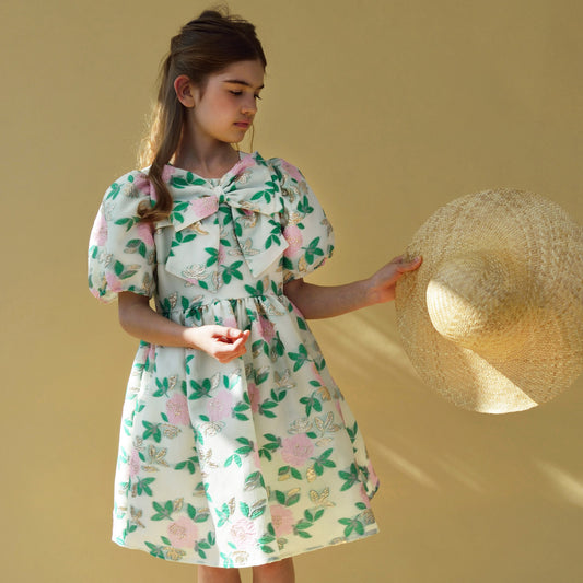 Girl's Puff Sleeve Bodice Dress in Spring Green