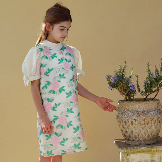 Girl's Puff Sleeve Shift Dress in Spring Green and Sugared Almond