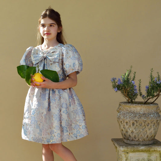 Girl's Puff Sleeve Bodice Dress in Powder Blue and Cream