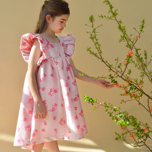 Girl's Twisted Sleeve High Low Dress in Bright Pink and  Rose