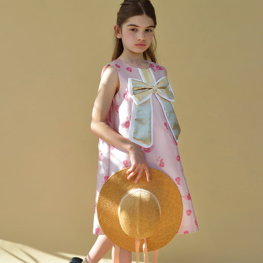 Girl's Guilded Bow Shift Dress in Bright Pink and Rose