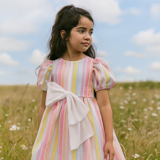 Girl's  Puff Sleeve Bodice Dress in Multi