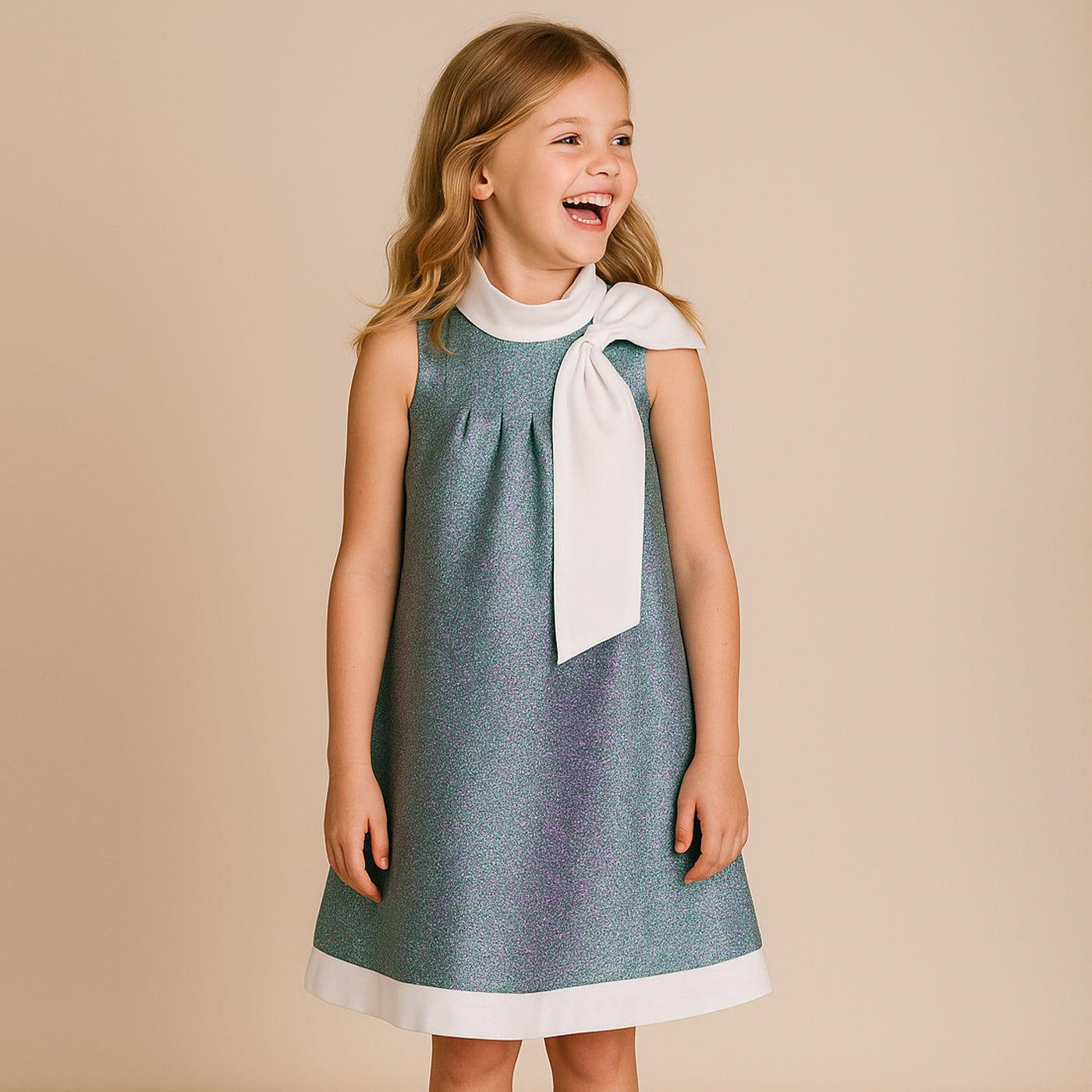 Girl's Sunburst Trapeze Dress in Emerald / Amethyst