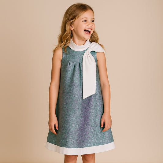 Girl's Sunburst Trapeze Dress in Emerald / Amethyst