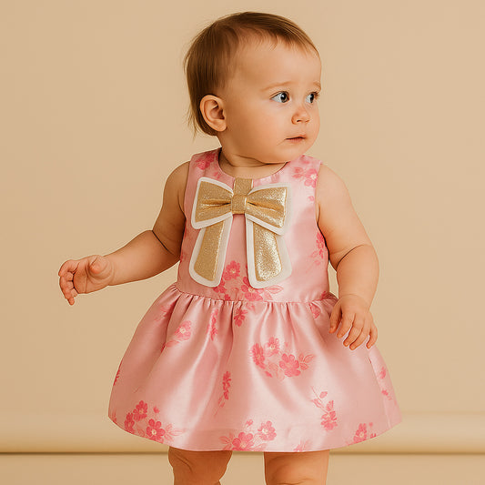 Baby's Guilded Bow Shift Dress & Bloomers in Bright Pink