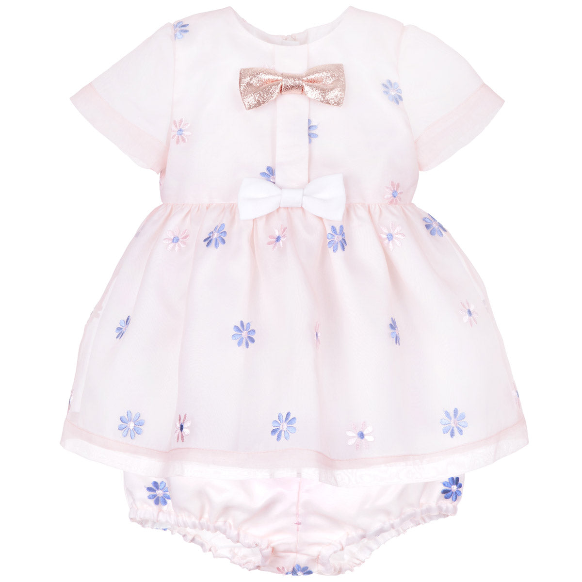 Mini bow bodice dress front, pale with blue flower print, rose-gold bow and white sash