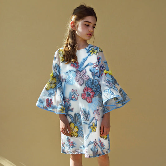 Girl's Bell Sleeve Shift Dress in Powder Blue and Lilac