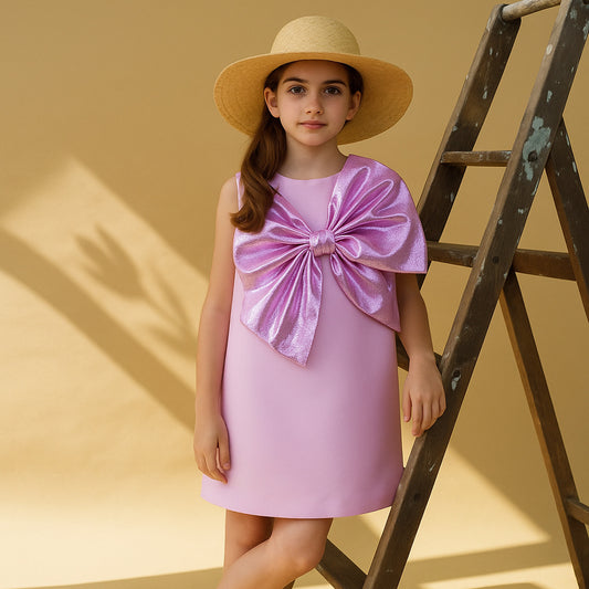 Girl's Giant Bow Shift Dress in Pale Lavender and Lilac