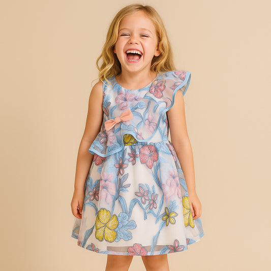 Girl's Diagonal Ruffle Bodice Dress in Powder Blue and Lilac