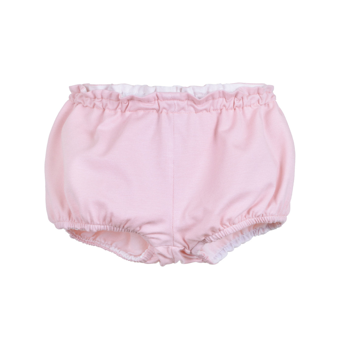 Pink jersey bloomers with elastic waist and leg openings