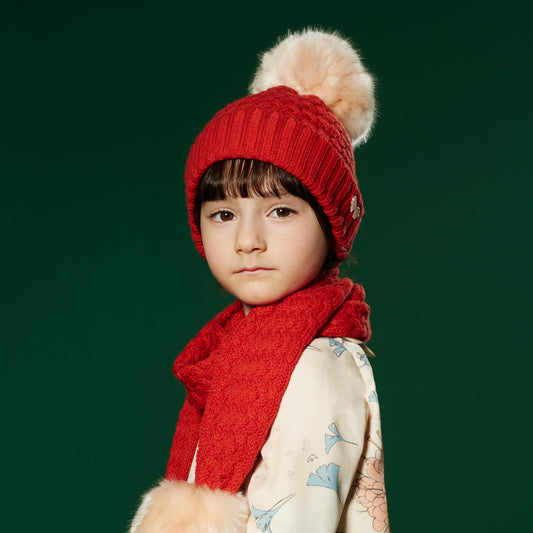 Girl's Chunky Merino Pom Pom Hat in Rosehip and Blush