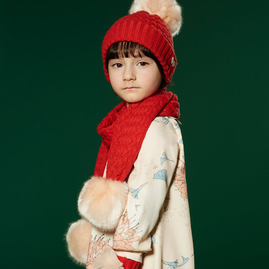 Girl's Chunky Merino Pom Pom Scarf in Rosehip and Blush