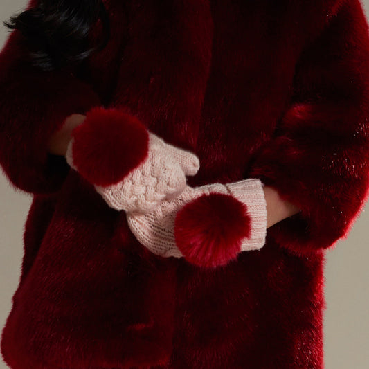 Girl's Chunky Pom Pom Mittens in Blush and Cherry