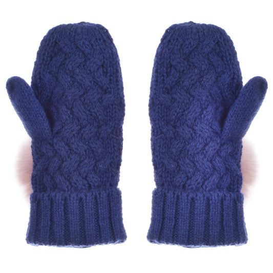 Girl's Chunky Pom Pom Mittens in Navy and Lilac