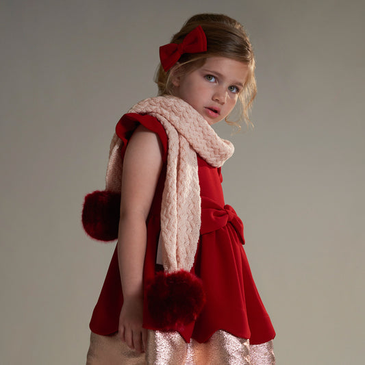 Girl's Chunky Pom Pom Scarf in Blush and Cherry
