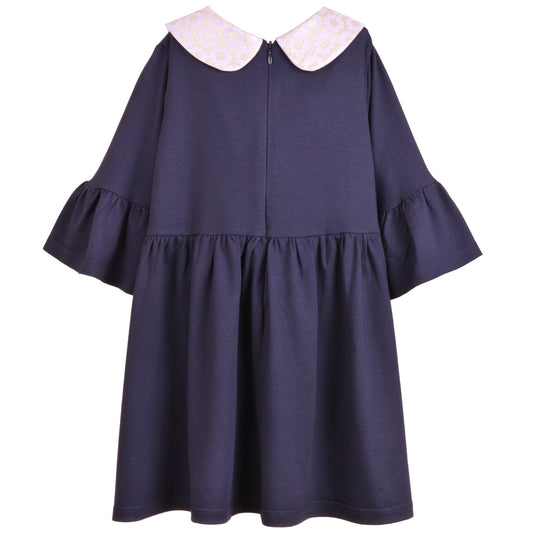 Girl's Bell Sleeved Jersey Dress in Navy and Lilac