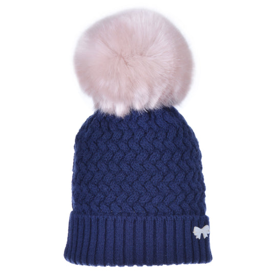 Girl's Chunky Pom Pom Hat in Navy and Lilac
