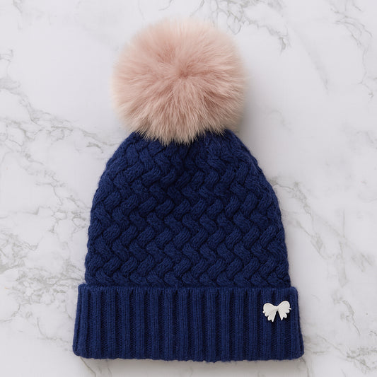 Girl's Chunky Pom Pom Hat in Navy and Lilac
