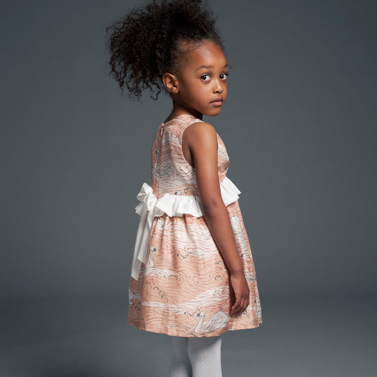 Girl's Ruffle Empire Dress in Swan Print