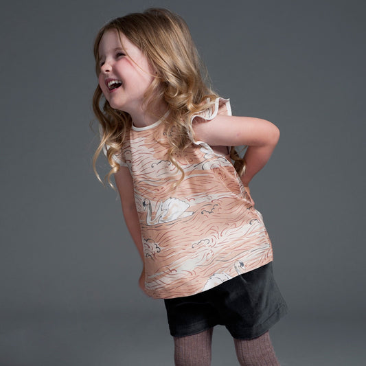 Girl's Ruffle Sleeve Blouse in Swan Print