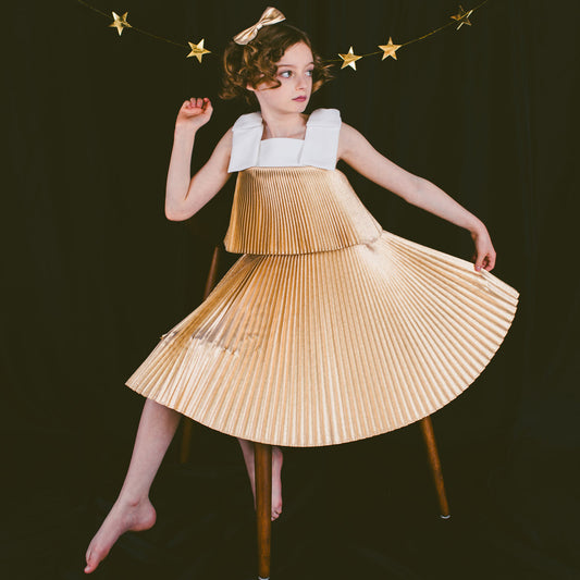 Girl's Tiered Pleated Trapeze Dress in Warm Gold