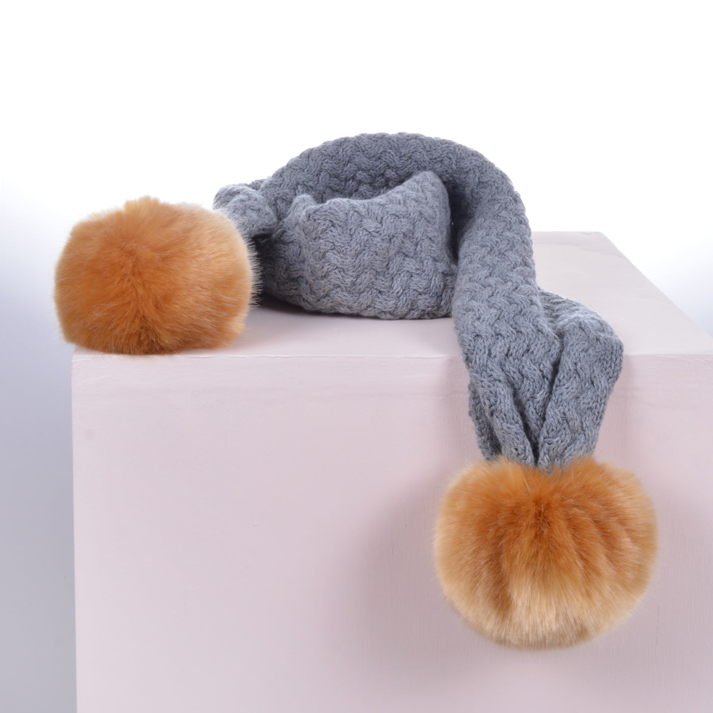 Girl's Chunky Pom Pom Scarf in Heather Grey and Toffee