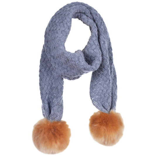 Girl's Chunky Pom Pom Scarf in Heather Grey and Toffee