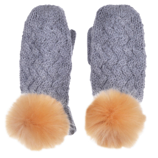 Girl's Chunky Pom Pom Mittens in Heather Grey and Toffee