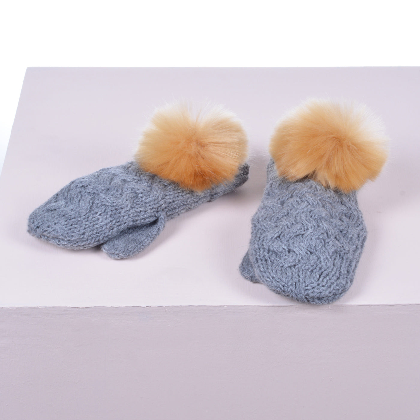 Girl's Chunky Pom Pom Mittens in Heather Grey and Toffee