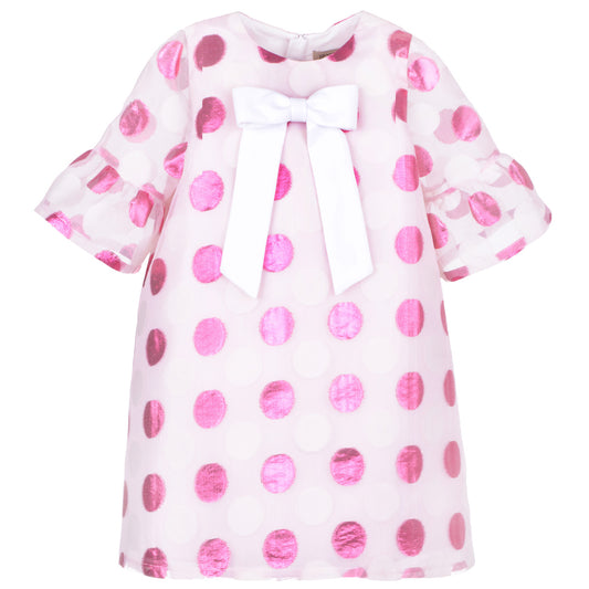 Girl's Bow Tie Shift Dress in Cerice and Cream