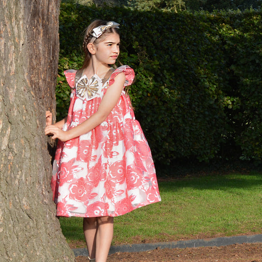 Girl's Rosette Bow Flutter Dress in Bright Pink