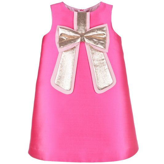 Girl's Guilded Bow Shift Dress in Hot PInk