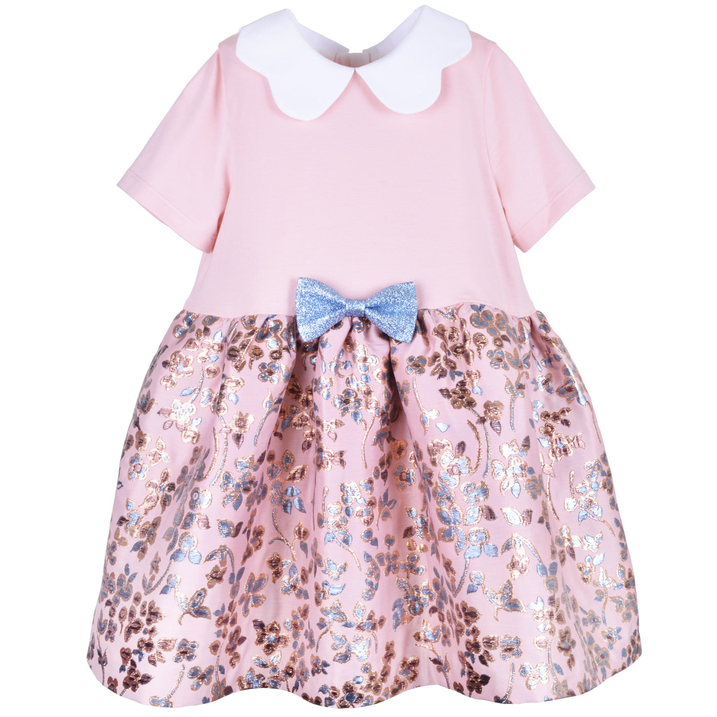 Girl's Scallop Collar Jersey Dress in Milkshake and Antique Gold