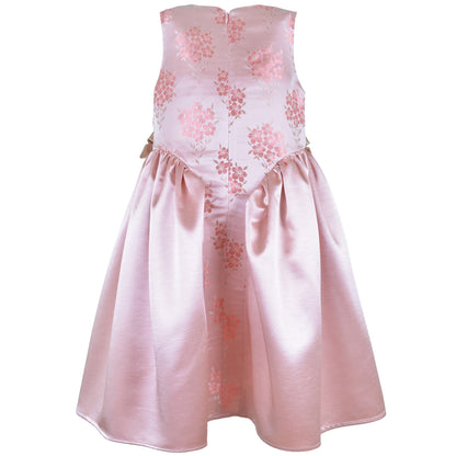 Pink floral gathered hip midi dress with ruched waist and full skirt