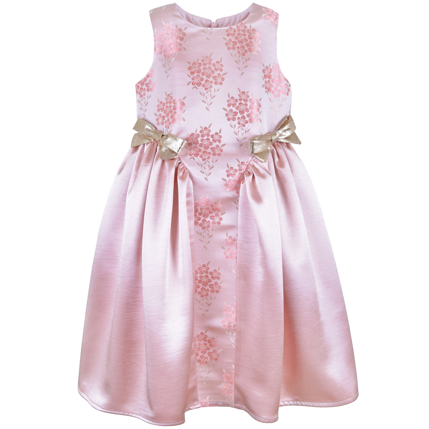Pink floral gathered hip midi dress with bow-tie waist detail